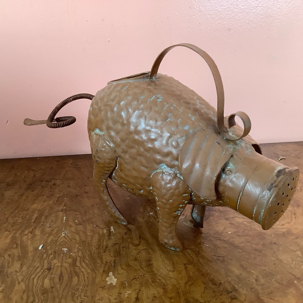 Brown Metal Pig Sculpture Watering Can - Decorative Home Art